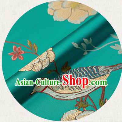 Embroidery Birds Green Brocade Chinese Traditional Garment Fabric Satin Cushion Material Drapery