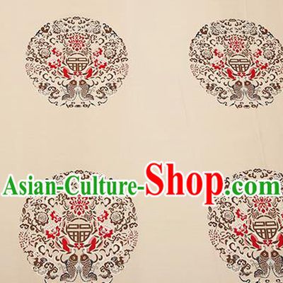 Top Grade Double Fishes Pattern Beige Brocade Chinese Traditional Garment Fabric Cushion Satin Material Drapery