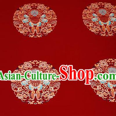 Top Grade Double Fishes Pattern Red Brocade Chinese Traditional Garment Fabric Cushion Satin Material Drapery