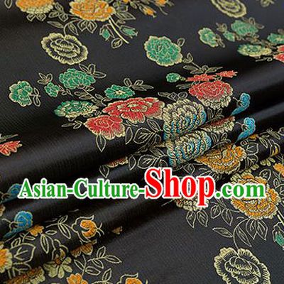 Top Grade Classical Peony Pattern Black Brocade Chinese Traditional Garment Fabric Qipao Dress Satin Material Drapery