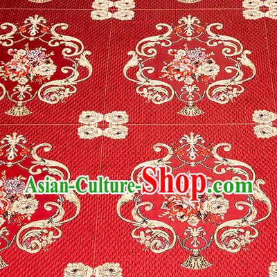 Top Grade Classical Fleur Bouquet Pattern Red Brocade Chinese Traditional Garment Fabric Cushion Satin Material Drapery
