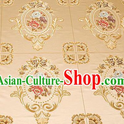 Top Grade Classical Flocked Peony Pattern Light Golden Brocade Chinese Traditional Garment Fabric Cushion Satin Material Drapery