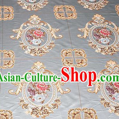 Top Grade Classical Flocked Peony Pattern Blue Brocade Chinese Traditional Garment Fabric Cushion Satin Material Drapery