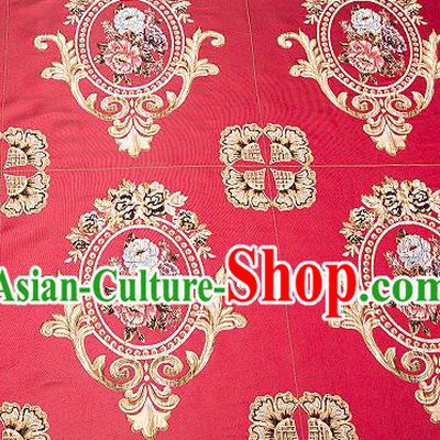 Top Grade Classical Flocked Peony Pattern Red Brocade Chinese Traditional Garment Fabric Cushion Satin Material Drapery
