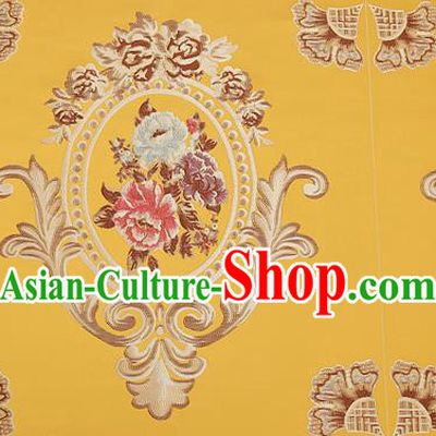 Top Grade Classical Flocked Peony Pattern Yellow Brocade Chinese Traditional Garment Fabric Cushion Satin Material Drapery