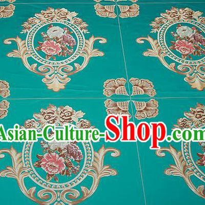 Top Grade Classical Flocked Peony Pattern Green Brocade Chinese Traditional Garment Fabric Cushion Satin Material Drapery
