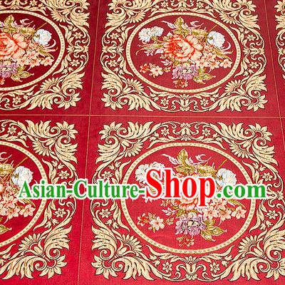 Top Grade Classical Peony Flowers Pattern Red Brocade Chinese Traditional Garment Fabric Cushion Satin Material Drapery