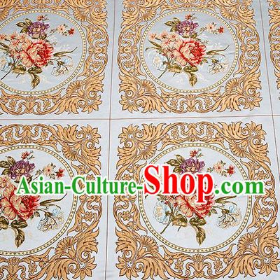 Top Grade Classical Peony Flowers Pattern Blue Brocade Chinese Traditional Garment Fabric Cushion Satin Material Drapery