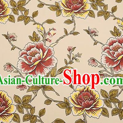 Top Grade Classical Peony Pattern Beige Brocade Chinese Traditional Garment Fabric Cushion Satin Material Drapery