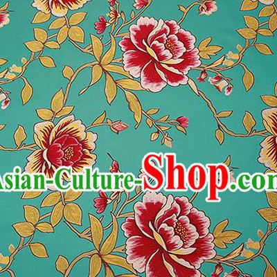 Top Grade Classical Peony Pattern Green Brocade Chinese Traditional Garment Fabric Cushion Satin Material Drapery