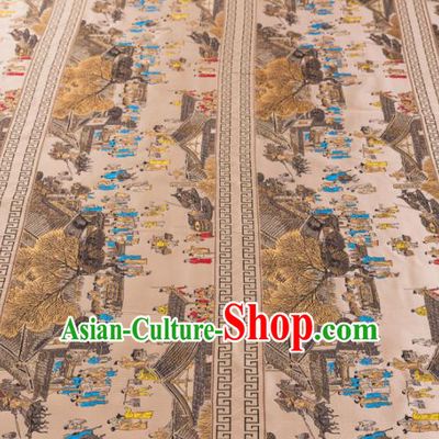 Top Grade Classical Riverside Scene at Qingming Festival Pattern Silk Brocade Chinese Traditional Garment Fabric Cushion Satin Material Drapery