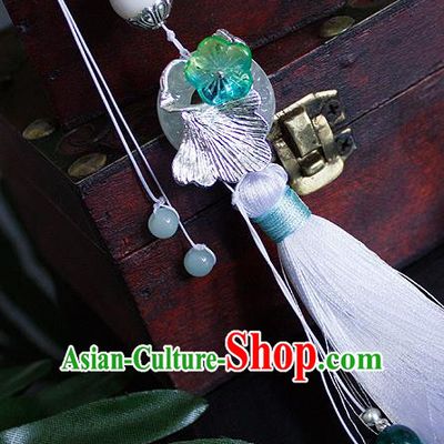 Chinese Traditional Handmade Waist Accessories Palace White Tassel Ginkgo Jade Pendant for Men