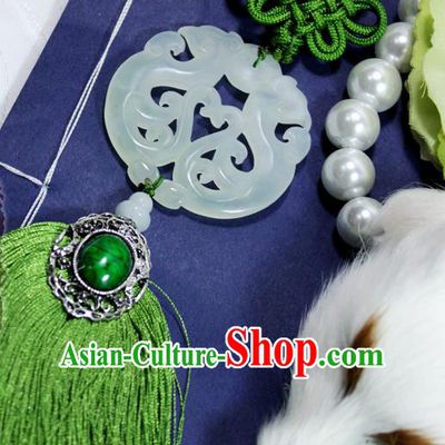 Chinese Traditional Handmade Green Tassel Waist Accessories Palace Jade Pendant for Men