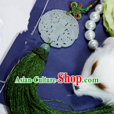 Chinese Traditional Handmade Green Tassel Waist Accessories Palace Longevity Jade Pendant for Men