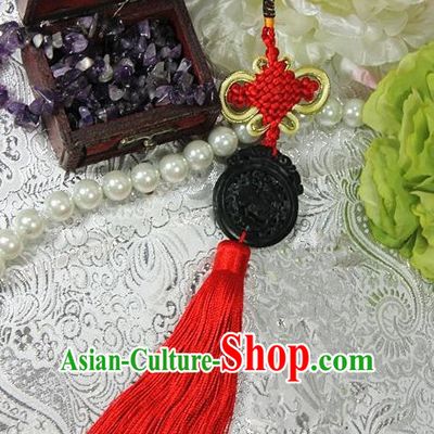 Chinese Traditional Handmade Red Tassel Waist Accessories Palace Black Jade Pendant for Men