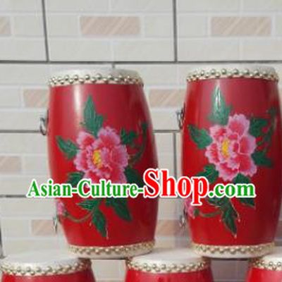 Chinese Traditional Handmade Drums Folk Dance Red Waist Drum Printing Peony Cowhide Drums