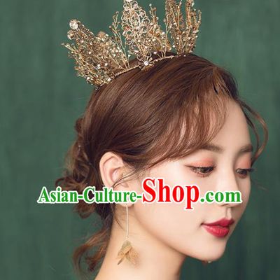 Top Grade Handmade Bride Golden Royal Crown Hair Accessories for Women