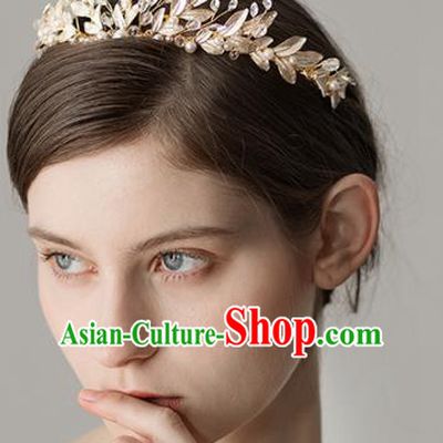 Top Grade Handmade Bride Golden Leaf Royal Crown Hair Accessories for Women