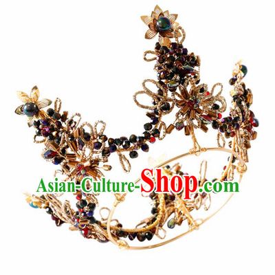 Top Grade Handmade Bride Black Beads Royal Crown Baroque Hair Accessories for Women