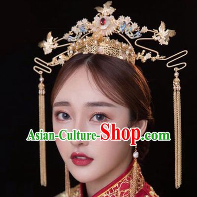 Chinese Traditional Xiuhe Suit Handmade Golden Phoenix Coronet Ancient Bride Hairpins Hair Accessories for Women
