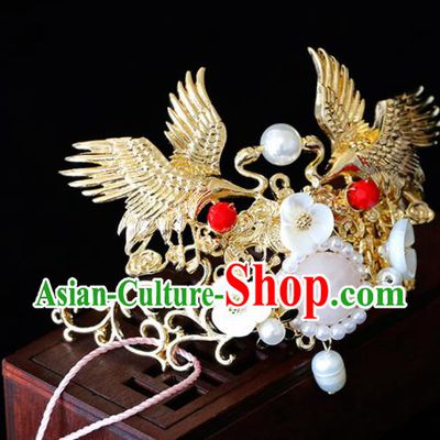 Chinese Traditional Xiuhe Suit Crane Hairpins Ancient Bride Handmade Hair Accessories for Women