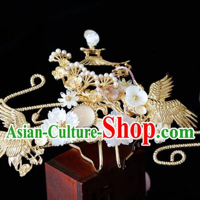 Chinese Traditional Xiuhe Suit Shell Flowers Cranes Hairpins Ancient Bride Handmade Hair Accessories for Women