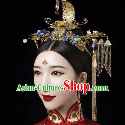 Chinese Traditional Queen Cloisonne Phoenix Coronet Hairpins Ancient Handmade Xiuhe Suit Hair Accessories for Women
