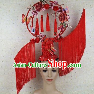 Top Grade Chinese Handmade Lace Headdress Traditional Red Tassel Hair Accessories for Women