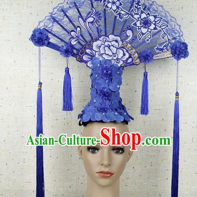 Top Grade Chinese Handmade Blue Lace Headdress Traditional Hair Accessories for Women