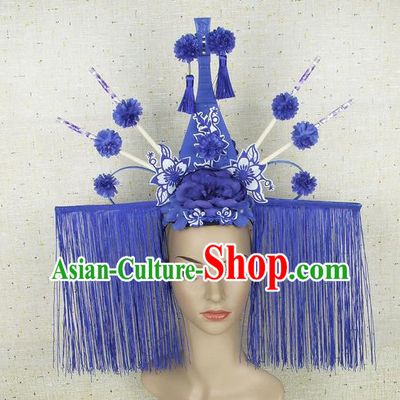 Top Grade Chinese Handmade Blue Lute Tassel Headdress Traditional Hair Accessories for Women