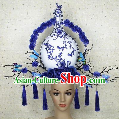 Top Grade Chinese Handmade Blue Butterfly Vase Headdress Traditional Hair Accessories for Women