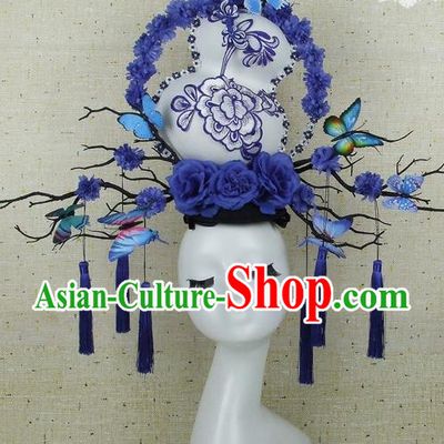 Top Grade Chinese Handmade Blue Cucurbit Headdress Traditional Hair Accessories for Women