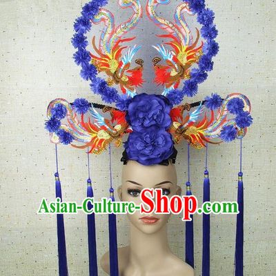 Top Grade Chinese Handmade Blue Peony Phoenix Headdress Traditional Hair Accessories for Women