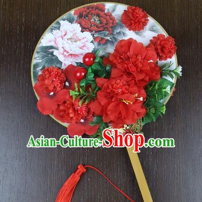 Chinese Traditional Wedding Red Peony Round Fans Ancient Bride Handmade Palace Fans for Women