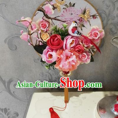 Chinese Traditional Wedding Pink Flowers Bird Round Fans Ancient Bride Handmade Palace Fans for Women