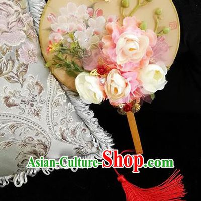 Chinese Traditional Wedding White Rose Round Fans Ancient Bride Handmade Palace Fans for Women