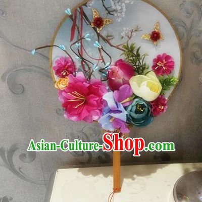 Chinese Traditional Wedding Rosy Peony Round Fans Ancient Bride Handmade Palace Fans for Women