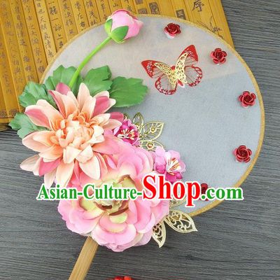 Chinese Traditional Wedding Pink Lotus Round Fans Ancient Bride Handmade Palace Fans for Women