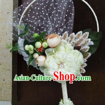 Chinese Traditional Wedding White Peony Round Fans Ancient Bride Handmade Palace Fans for Women