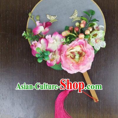 Chinese Traditional Wedding Pink Peony Butterfly Round Fans Ancient Bride Handmade Palace Fans for Women