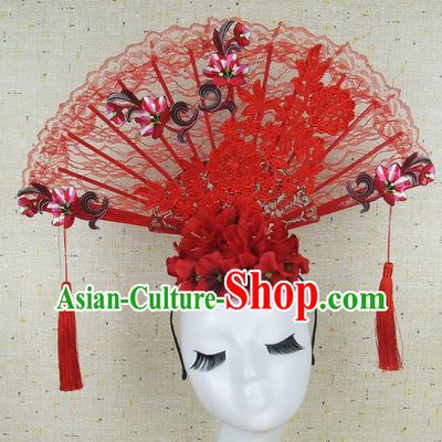 Top Grade Chinese Handmade Red Embroidered Lace Hair Clasp Headdress Traditional Hair Accessories for Women