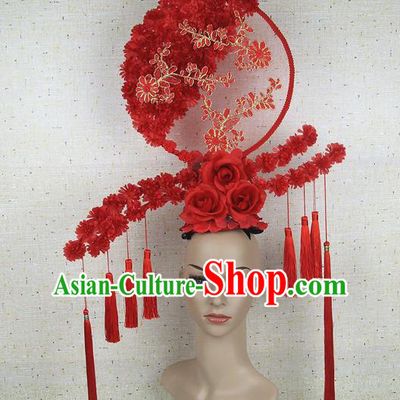 Top Grade Handmade Chinese Red Flowers Tassel Palace Hair Clasp Headdress Traditional Hair Accessories for Women