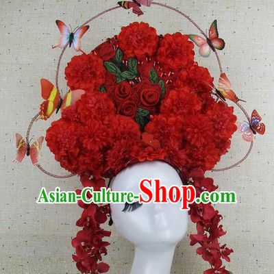 Top Grade Handmade Chinese Red Flowers Palace Hair Clasp Headdress Traditional Hair Accessories for Women