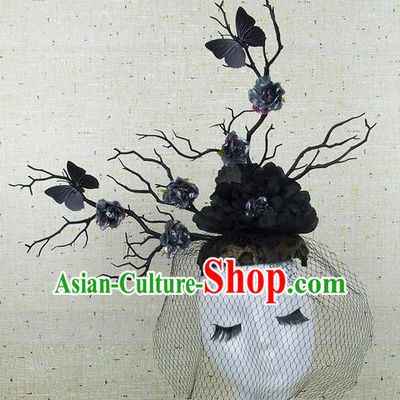 Chinese Traditional Handmade Hair Accessories Halloween Black Peony Butterfly Headwear for Women