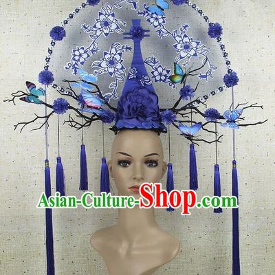 Top Grade Chinese Handmade Blue Lute Peony Headdress Traditional Hair Accessories for Women