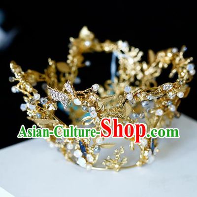 Top Grade Handmade Bride Golden Crystal Round Royal Crown Baroque Princess Hair Accessories for Women