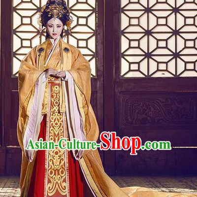 Chinese Ancient Traditional Palace Hanfu Dress Qin Dynasty Empress Embroidered Costumes and Headpiece Complete Set
