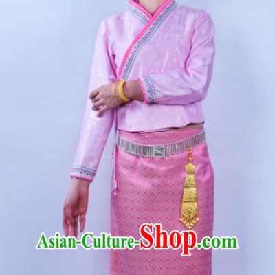 Asian Chinese Ethnic Costumes Traditional Dai Nationality Folk Dance Pink Blouse and Skirt for Women