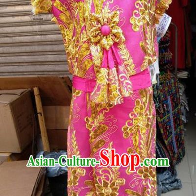 Asian Chinese Ethnic Costumes Traditional Dai Nationality Folk Dance Rosy Dress for Kids