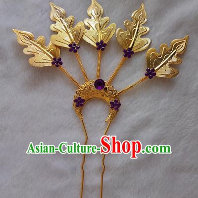 Chinese Ethnic Dai Nationality Folk Dance Hair Accessories Traditional Golden Leaf Hairpins for Women